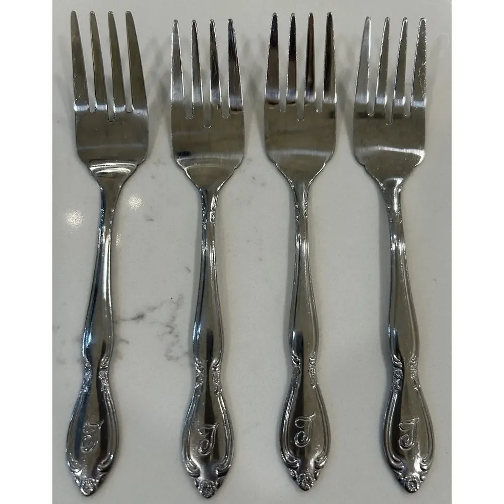 Vtg‎ Set of 4 Salad Forks “T” Monogram Custom Made Floral Stainless Flatware